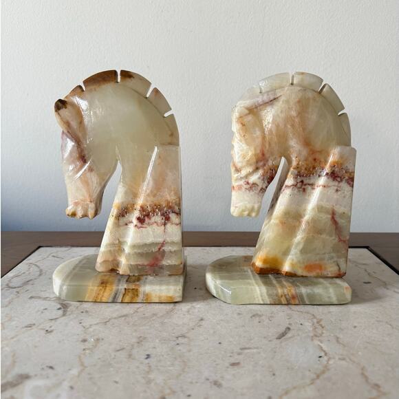 Vintage Horse Head Bookends Carved Onyx Marble Academia MCM Chess Knight PAIR - Picture 7 of 11